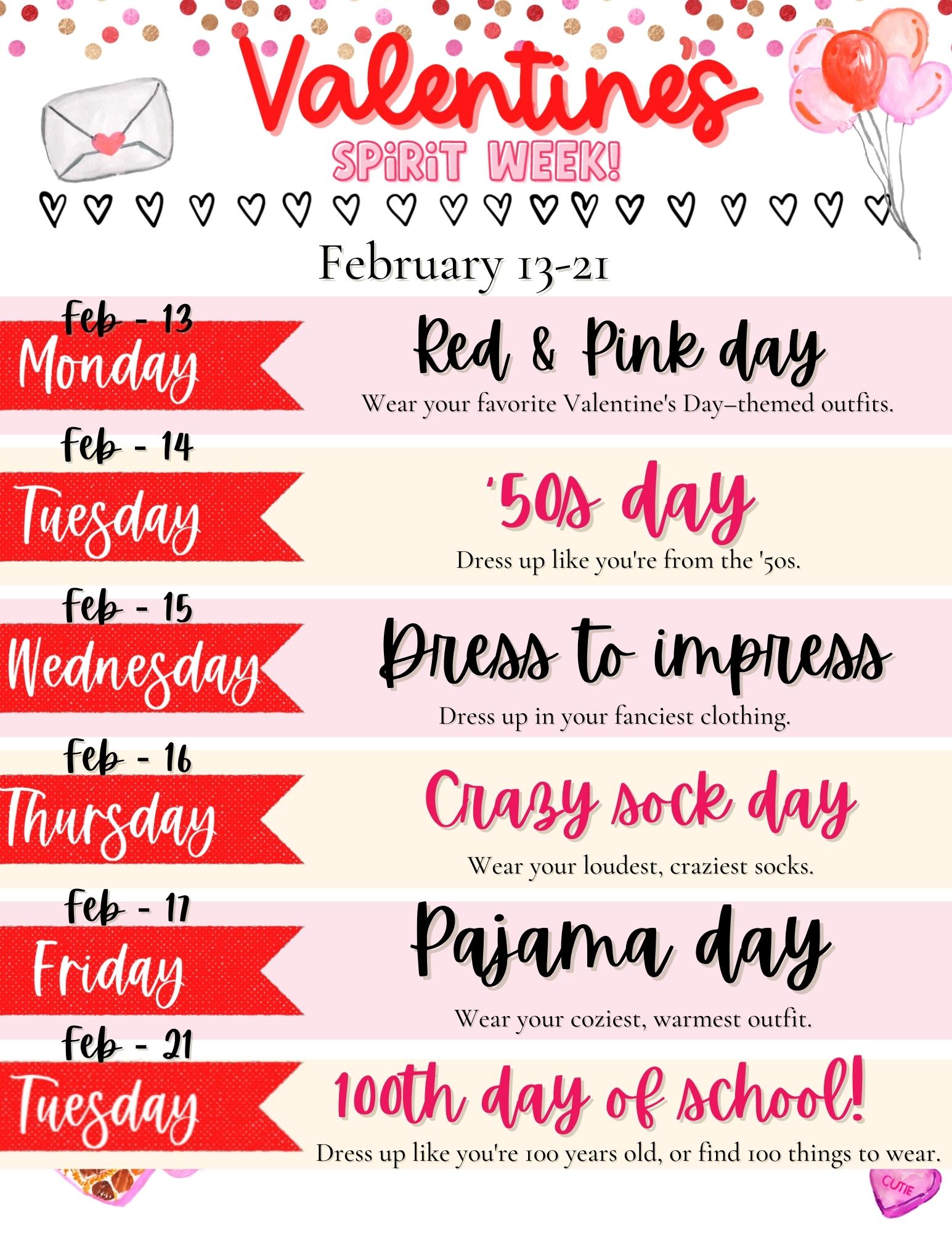 Valentines Spirit week school flyer. Festive spirit week PTO